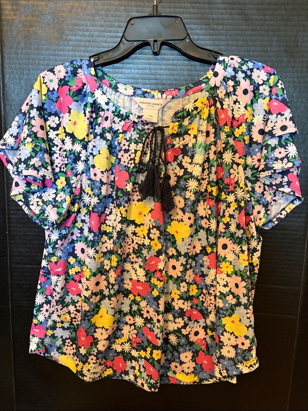 Allison Daley Navy Floral Peasant Blouse with Pink, Yellow & Green Accents